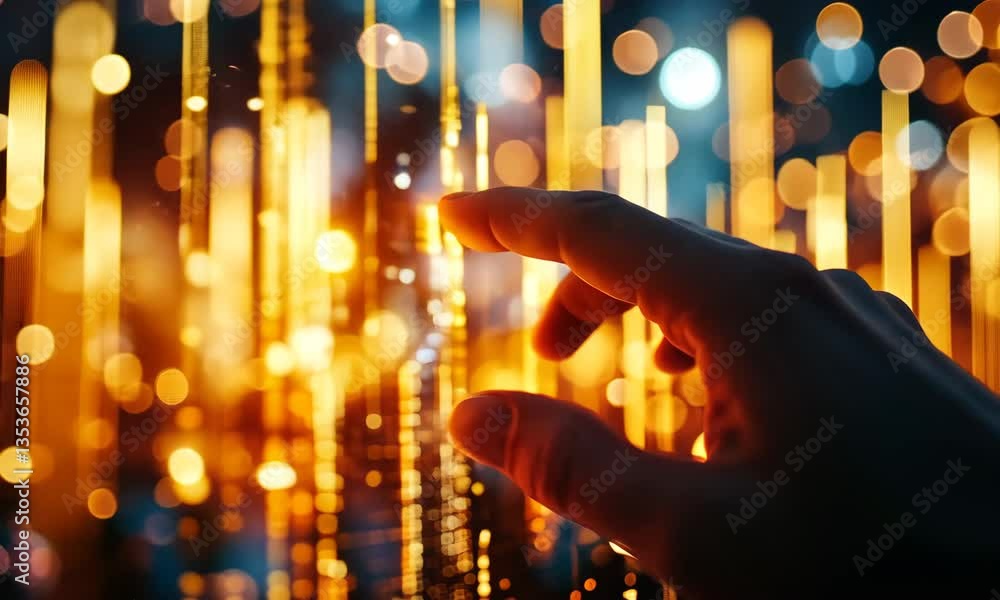 Poster close up of hand interacting with golden bokeh lights and futuristic technology digital connection i