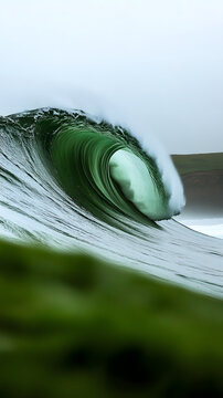 A powerful, green ocean wave captures the essence of nature's force and tranquility.
