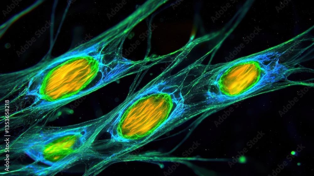 Poster close up of vibrant cells showcasing their nucleus and cytoplasm, highlighting intricate structures 