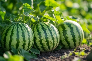 Close-up of watermelon on vine, surrounded by green leaves against dark soil. Concept of tranquility, featuring watermelon on vine, fruits, nature's beauty.