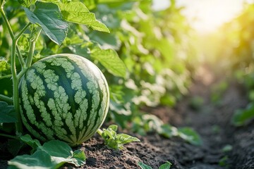 Watermelon on vine showcases vibrant green leaves, water droplets. Concept of watermelon on vine captures essence of natural garden beauty, emphasizing fresh fruits.