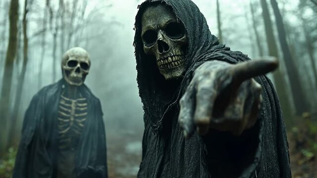 Two grim reapers in a misty forest, pointing, ominous, halloween