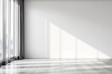 Fototapeta premium Minimalist empty interior with sunlight casting shadows on a white wall.