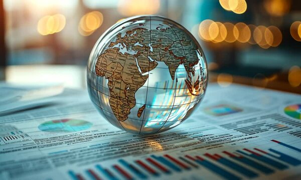 Crystal Globe Adorned Blue Red Graph Papers Featuring Bokeh Light Effects Business Concept