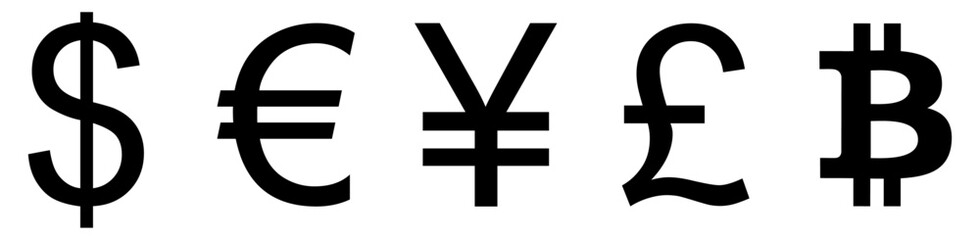 Obraz premium Currency symbols. set of currency symbols dollar, euro, pound, yen, bitcoin. set of currency symbols in vector with white background. Currency, symbols, icons, vector.