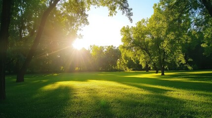 Obraz premium A serene park scene featuring lush green trees, vibrant grass, and sunlight streaming through the branches, creating a peaceful atmosphere.