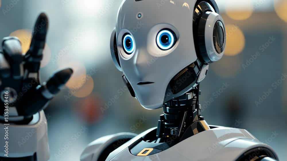 Poster friendly humanoid robot gestures in modern environment with expressive eyes