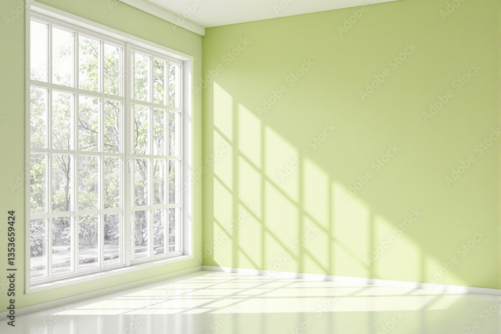 Aufkleber bright empty interior with large window and green walls.