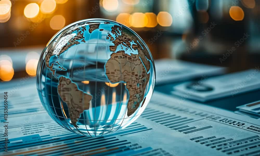 Poster crystal globe on financial charts with bokeh background represents international business and data a