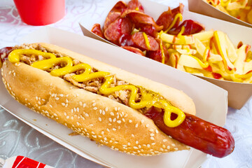 Delicious hot dog with mustard, sausage, and fries