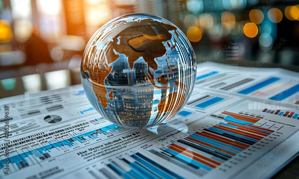 Poster crystal globe on financial report sheets with bar graphs and blurred background in warm lighting