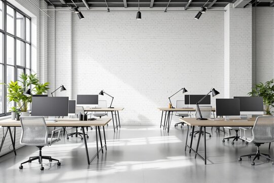 Modern open-plan office interior with minimalist furniture and large windows.