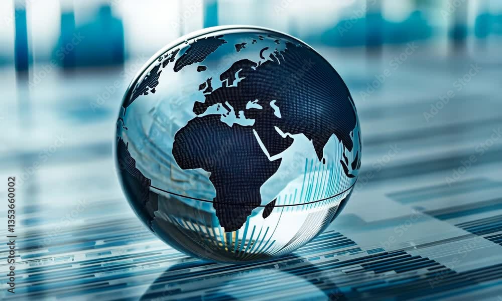 Poster detailed globe displaying continents and digital network on a abstract circuit board in soft blue hu