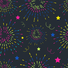 Seamless background for holidays, festivals, parties, invitations. Festive, colorful wallpaper with fireworks, stars and confetti on a dark blue background..