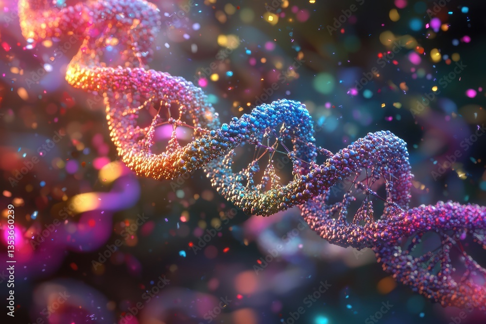 Poster vibrant and colorful representation of dna double helix, showcasing intricate details and dynamic ba