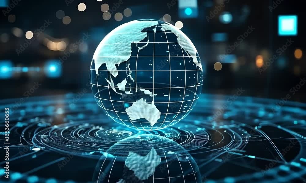 Poster digital globe with intricate network connections displayed in blue tones and futuristic design on da