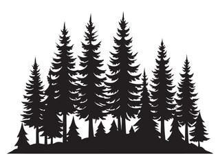 Fototapeta premium pine tree forest silhouette, Fir trees silhouette llustration on white background , black evergreen woods vector illustration, pine wood 