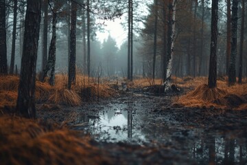 Misty autumnal forest path reflecting in a muddy puddle.  Tranquil, serene woodland scene.  Damp, earthy tones
