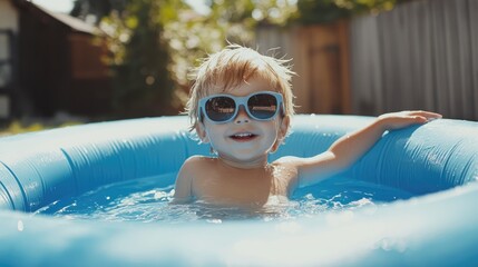 Happy child in sunglasses enjoying a sunny day in a blue inflatable pool with greenery in the background