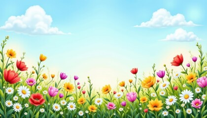 Fototapeta premium Vibrant Flower Meadow Under Sunny Sky Illustrate a colorful meadow filled with a variety of blooming flowersâ€”like daisies, tulips, and poppiesâ€”under a bright blue sky