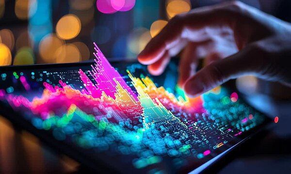 Financial Data Analysis on Digital Tablet with Colorful Graphs and Bokeh Lights in Background