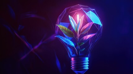 Geometric light bulb with a sprouting plant embodies sustainability and smart energy use