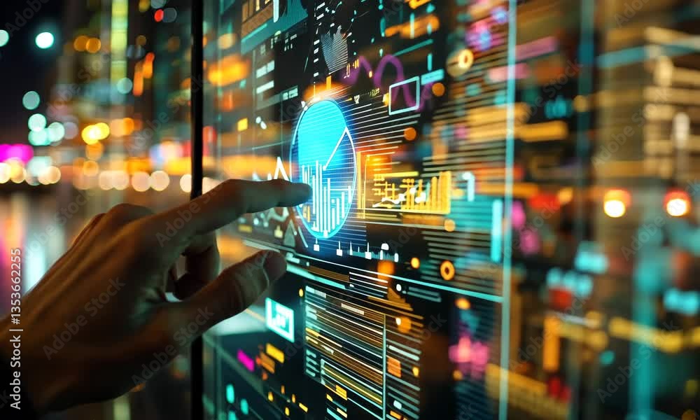 Poster finger touching blue data chart interface on transparent screen in cityscape background