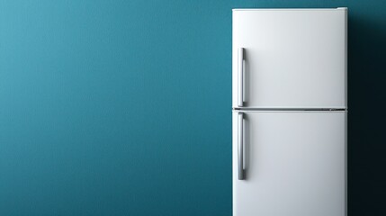 Modern white refrigerator against teal wall background