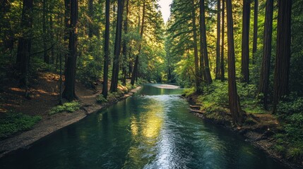 Serene river flowing through a majestic old-growth forest landscape view