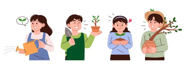 Arbor Day illustration. People planting and tending trees.