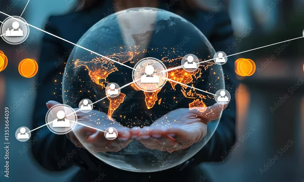 Aufkleber global network connecting people woman holding translucent sphere with world map and connection line