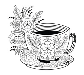 Zentangle Ornamental tea cup with hand drawn doodle flowers. Monochrome contour illustration for greeting, invitation card, adult coloring book.