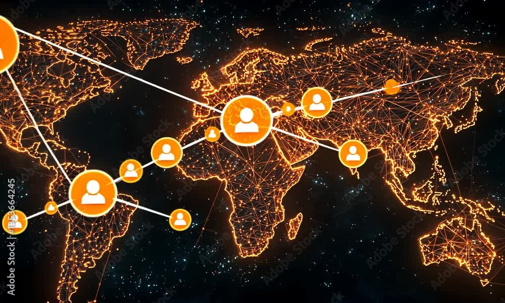 Poster global network connecting world map with orange light points in dark space for communication and soc