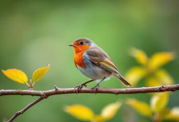 A European Robin perched on a branch, breast puffed out, redbreast, small bird