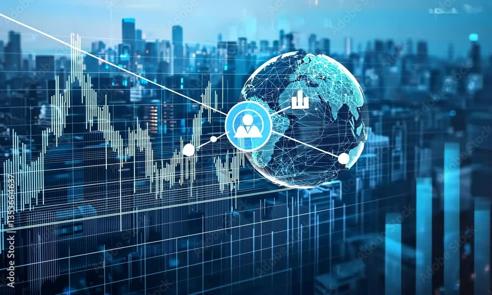 Poster global network connection with financial data chart and cityscape background in blue tones