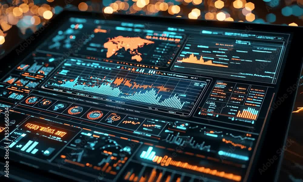 Poster glowing digital data on black screen displaying global map charts graphs futuristic interface and te
