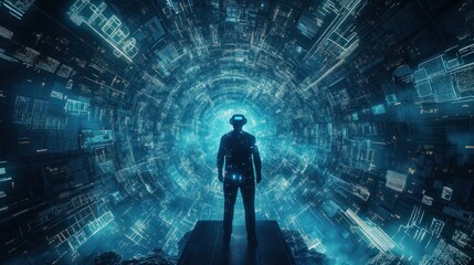 Immersive VR experience in a futuristic cyber environment with digital architecture