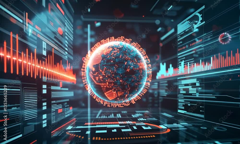 Poster glowing digital globe surrounded by data visualization in red and blue with dark background