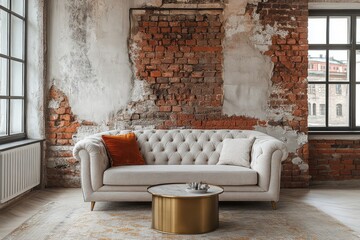 Elegant living room features exposed brick and comfortable sofa