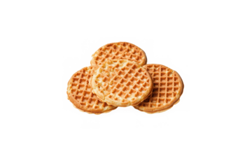 A stack of four circular waffles arranged on top of each other on a plain black background view