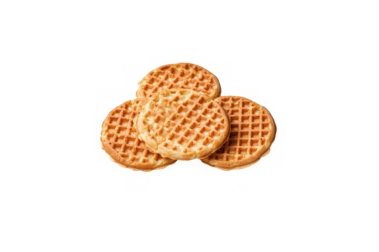 A stack of four circular waffles arranged on top of each other on a plain black background view