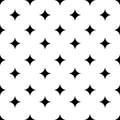 Seamless geometric pattern with black four-pointed stars on a white background. Clean, modern, and visually striking design, perfect for textiles, wallpapers, and graphics