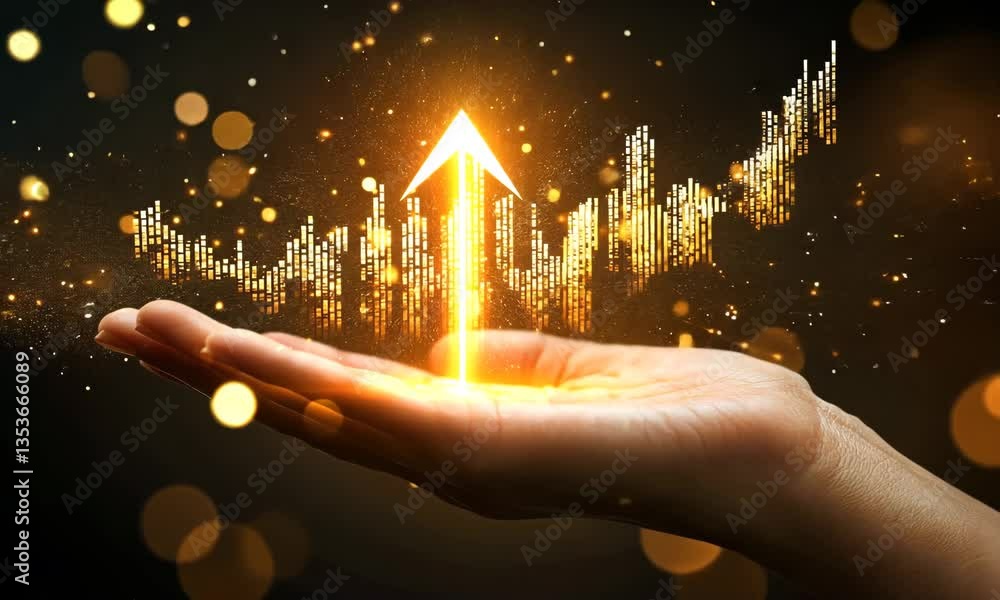 Poster golden arrow symbolizing growth emerging from hand against dark bokeh background with sparkling part