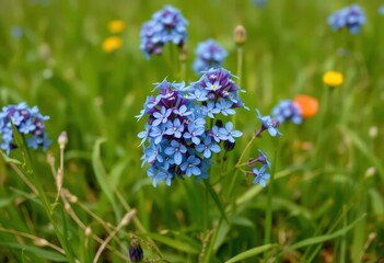 A vibrant cluster of blue wildflowers in a meadow, macro, grass