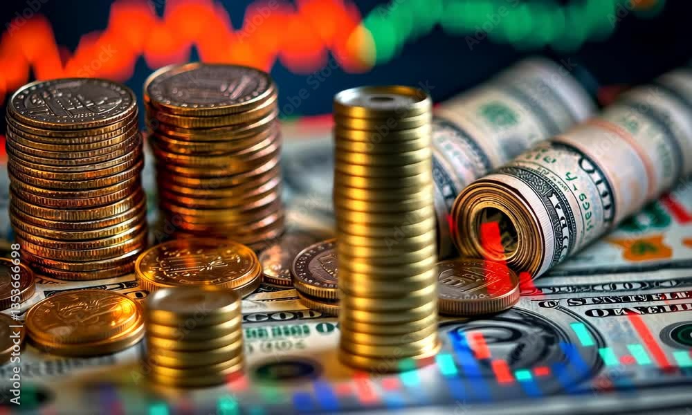 Poster golden coins stacked on us dollar bills with financial chart display in the background macro close u