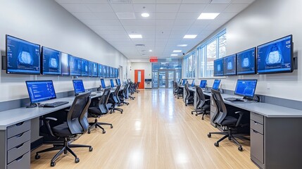 Multiple workstations in radiology reading room with ergonomic furniture setup