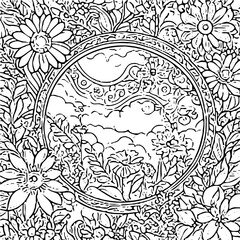 Obraz premium earth day coloring page, black vector background, natural floral 