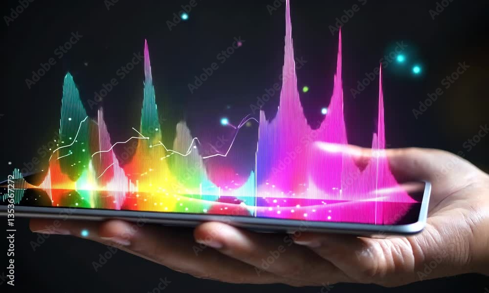 Aufkleber hand holding smartphone displaying colorful audio spectrum equalizer on black background