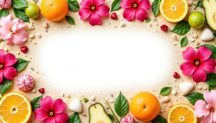 Tropical Paradise Flat Lay Illustrate a colorful flat lay featuring assorted tropical fruits, vibrant hibiscus flowers