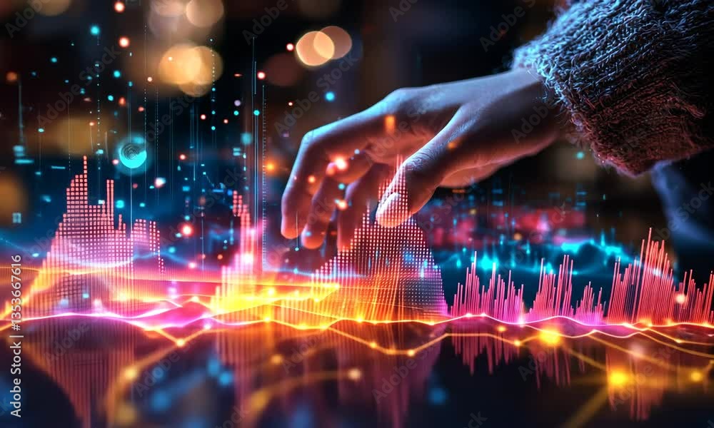 Poster hand interacting with futuristic neon data visualization in a digital cityscape with glowing network